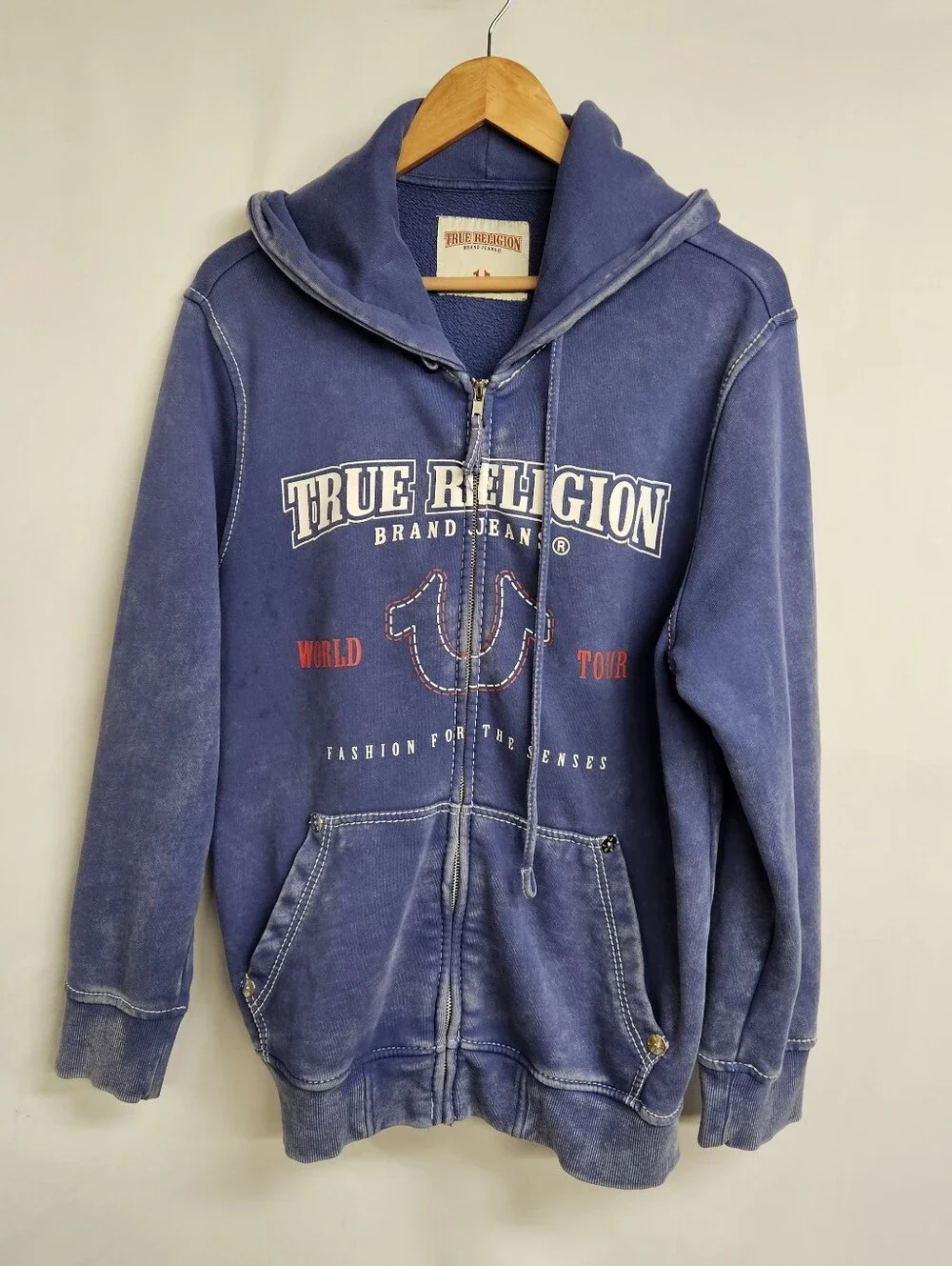 True Religion Jacket Mens Medium Blue Full Zip Big T Hoodie Acid Wash Sweatshirt